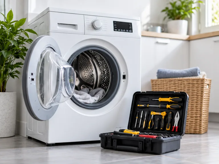 Illustration of a washing machine beside an open toolbox